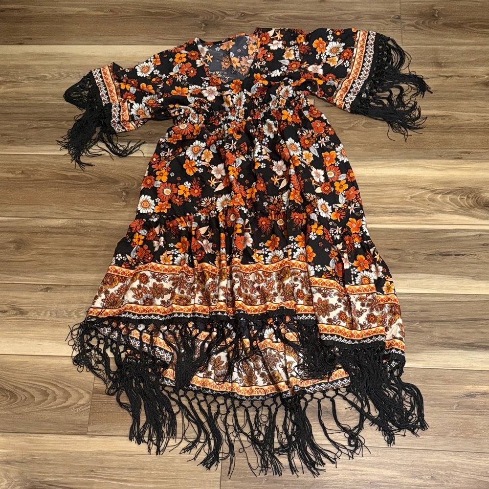 SHEIN Black and Orange Floral Kimono